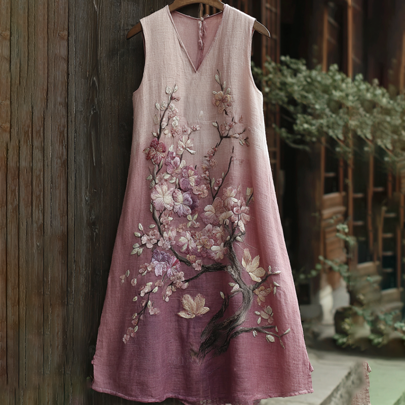 Women's Plum Blossom Embroidery Art V Neck Comfy Midi Dress elevenforest
