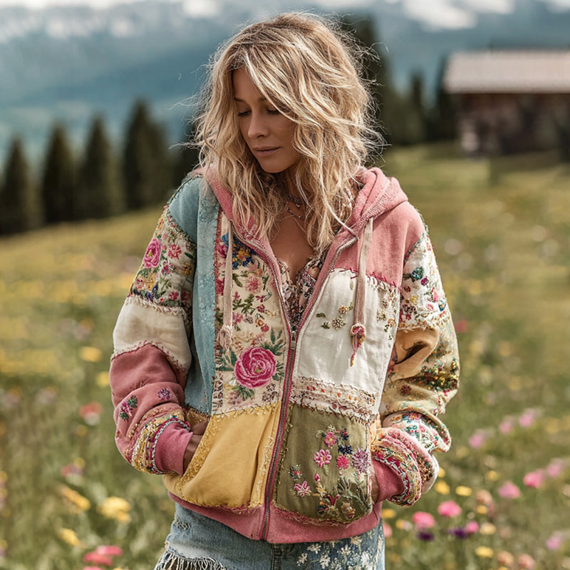 Women's Vintage Floral Patchwork Cozy Warm Zipper Hoodie elevenforest