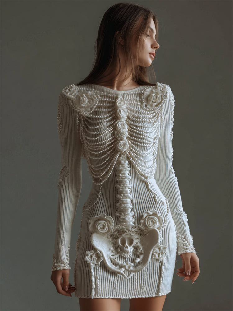 Classy Roses Skeleton Pearls Beaded Cozy Knit Sweater Dress artswardrobe