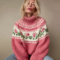 Comstylish Vintage Pink Floral Fair Isle Pattern Turtleneck Sweater