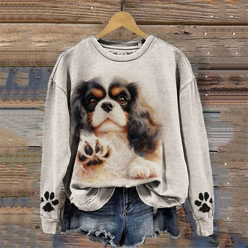 Comstylish Cavalier King Charles Spaniel Dog Watercolor Paw Prints Sweatshirt