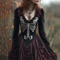 Vintage Skeleton Scarlet Roses Beaded Velvet Maxi Dress elevenforest