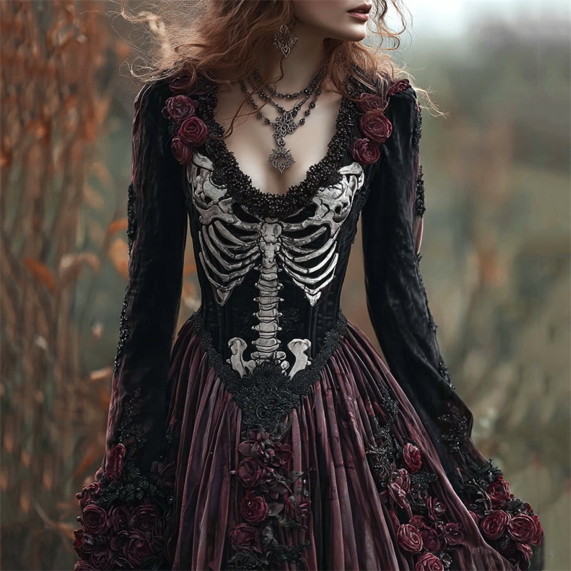 Vintage Skeleton Scarlet Roses Beaded Velvet Maxi Dress elevenforest