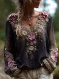 Bohemian Style Round Neck Long Sleeve 3d Purple Flower Design Cotton And Linen Top For Women elevenforest