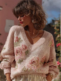 Vintage Boho Roses V Neck Cozy Knit Sweater elevenforest
