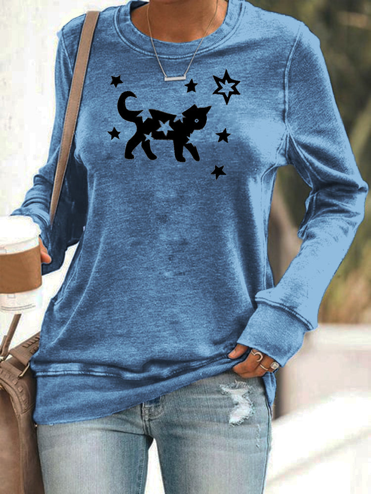 Comstylish Star & Cat Pattern Women's Casual Sweatshirt