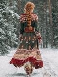 Comstylish Retro Christmas Series Women's Round Neck Knitted Sweater Dress Long Dress
