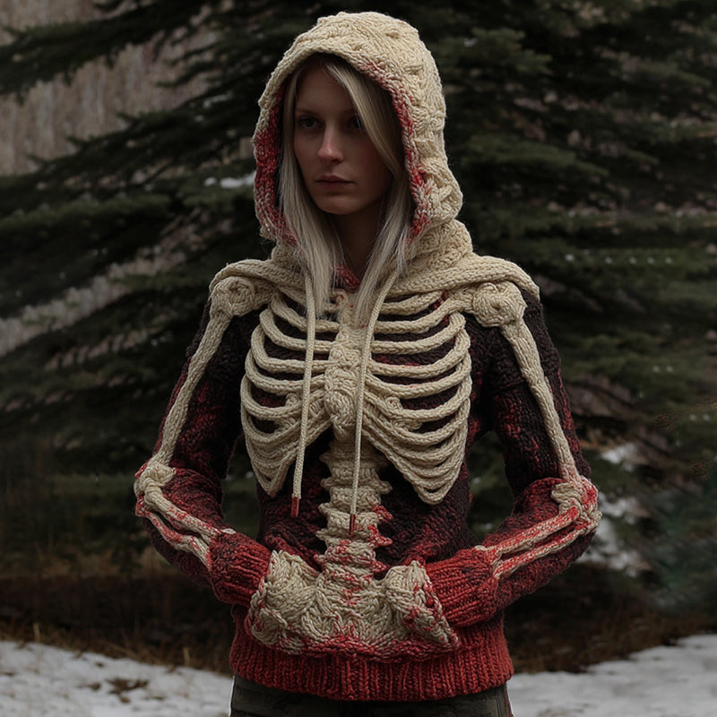 Comstylish Women's Vintage White Skeleton Gradient Art Cozy Hooded Sweater
