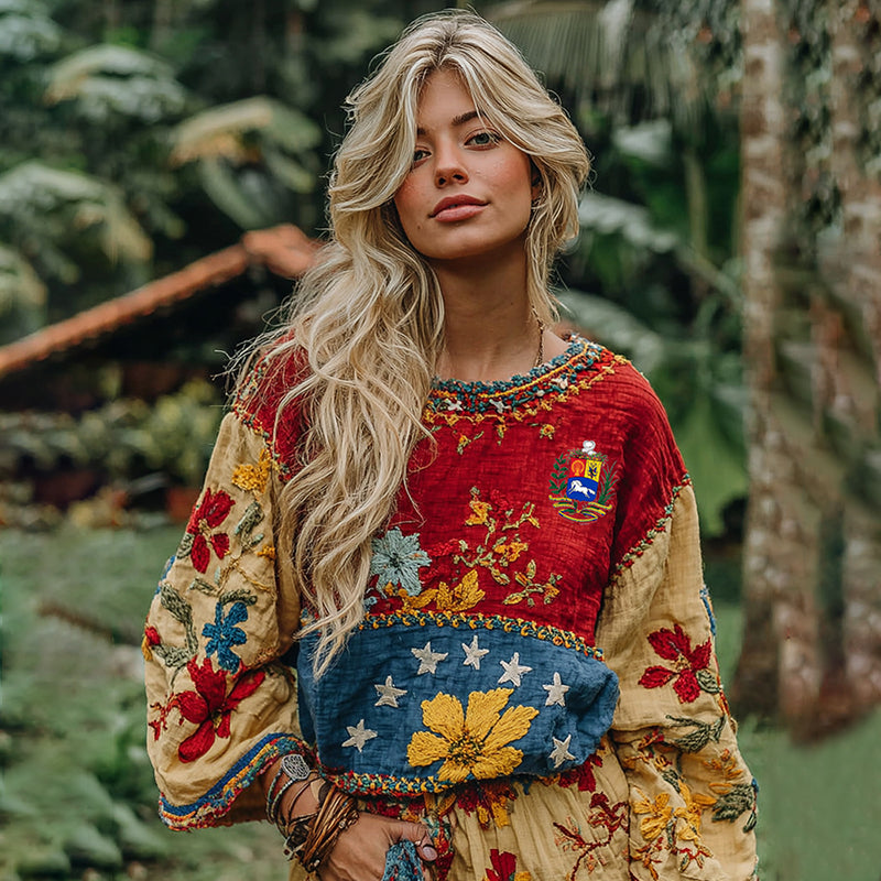 Women's Stand With Venezuela Inspired Venezuela Flag With Floral Art Comfy Linen Tops elevenforest
