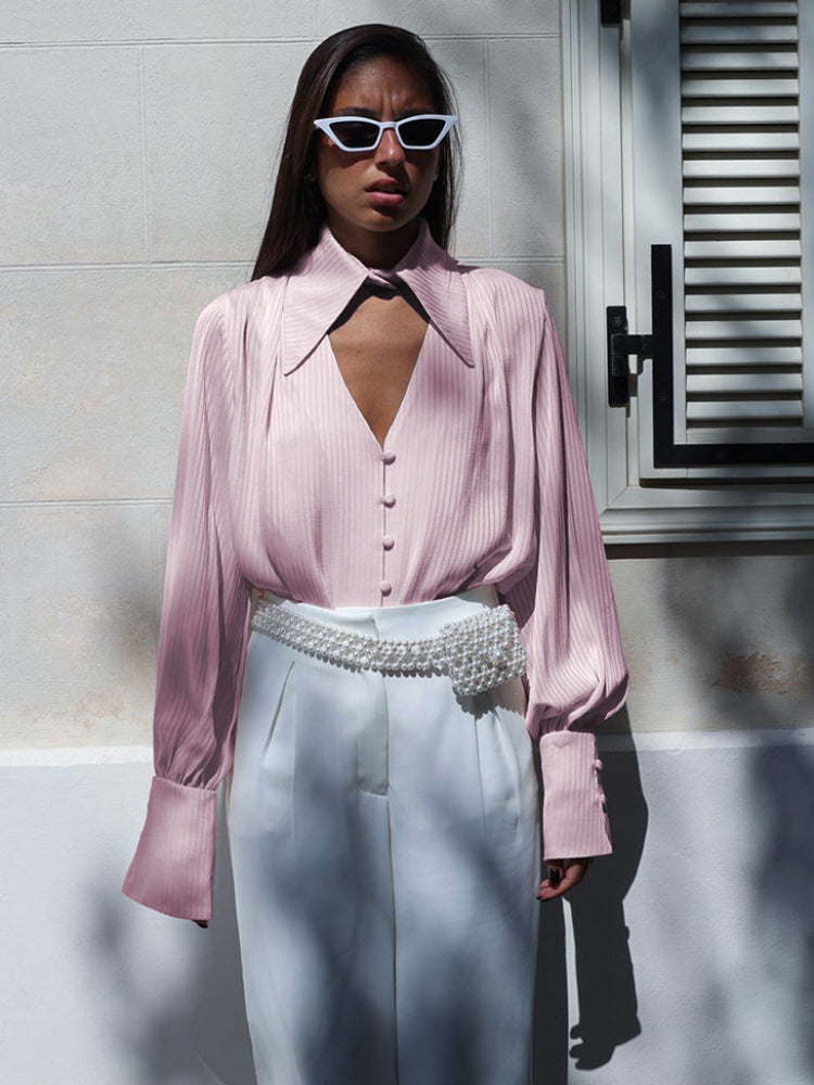 Taruxy Deep V Neck Blouse New Loose Long Sleeve Hollow Out Cardigan Femme Street Oversized Shirts for Woman