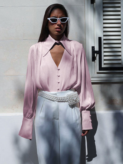 Taruxy Deep V Neck Blouse New Loose Long Sleeve Hollow Out Cardigan Femme Street Oversized Shirts for Woman
