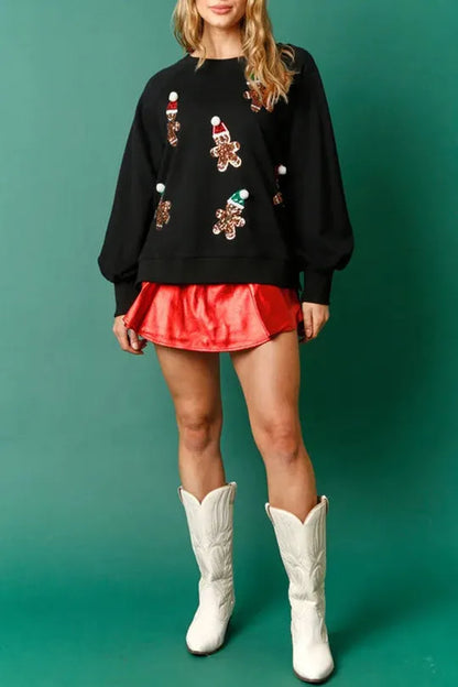 Christmas Gingerbread Man Sequined Long Sleeve Sweatshirt