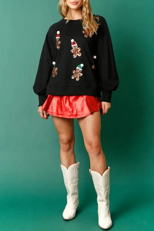 Christmas Gingerbread Man Sequined Long Sleeve Sweatshirt