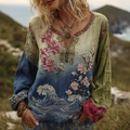 Vintage Gradient Japanese Sakura Cherry Blossoms And Sea Wave Embroidered Pattern Linen Long Sleeve Shirt elevenforest