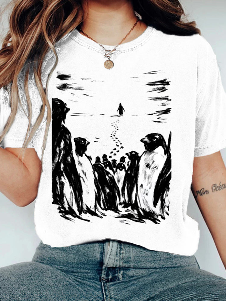 Comstylish Lonely Penguin Nihilism Penguin Vintage Black And White Print T-shirt Short Sleeve