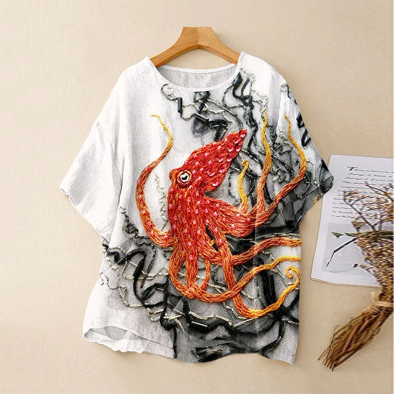 Vintage Bohemian Abstract Fish Octopus Ink Linen Art Print Short Sleeve Round Neck Shirt elevenforest