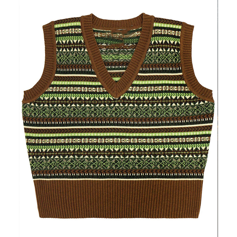 Vintage Geometric Pattern Icelandic Knitted V-Neck Sweater elevenforest