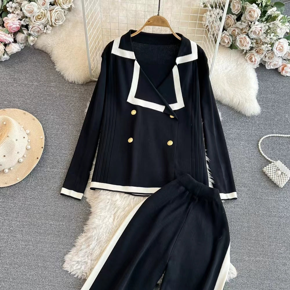Spring and Autumn Chanel Style Suit Long Sleeved Contrast V Neck Knitted Cardigan High Waist Straight Wide Leg Pants Knitted Suit