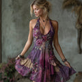 Classy Purple Roses Embroidered Flowy Wide Skirted Linen Dress elevenforest