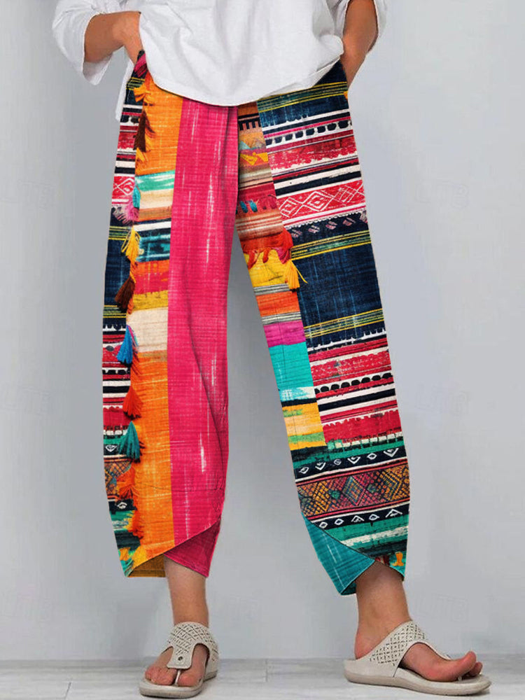 Colorful Geometric Pattern Tassel Linen Blend Pants elevenforest