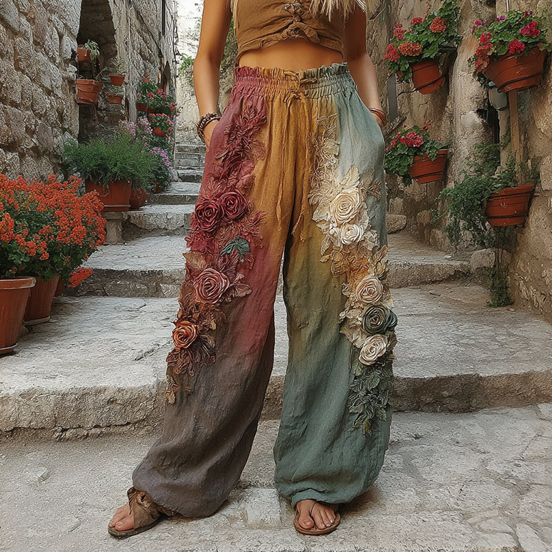 The Sunset Collection Classic Retro Rose And Floral Gradient Art Linen Pants elevenforest