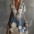 Women's Retro White Rose Lace Splicing Linen Short Dress elevenforest