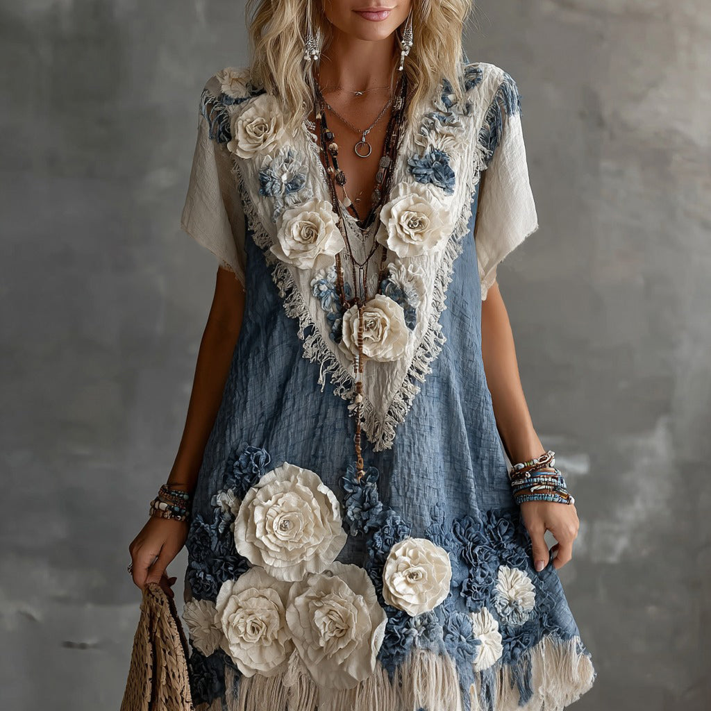 Women's Retro White Rose Lace Splicing Linen Short Dress elevenforest