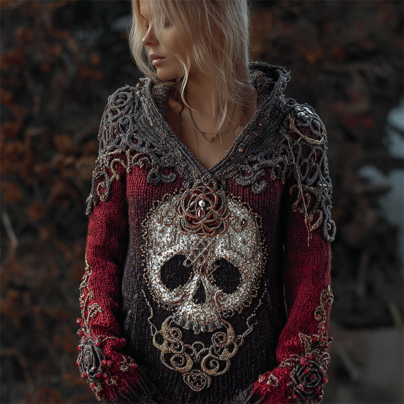 Comstylish Elegant Skull & Roses Beaded Celtic Gradient Cozy Knit Hooded Sweater