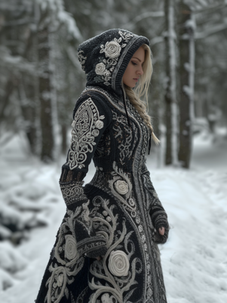 Comstylish Viking Retro Rose Women's Knit Hooded Sweater Long Coat