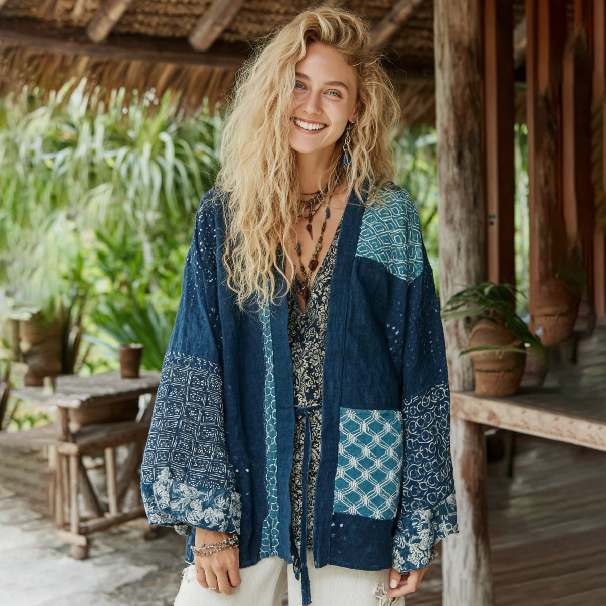 Retro Bohemian Japanese Traditional Sashiko Art Embroidery Print Cotton And Linen Blend Kimono Cardigan elevenforest