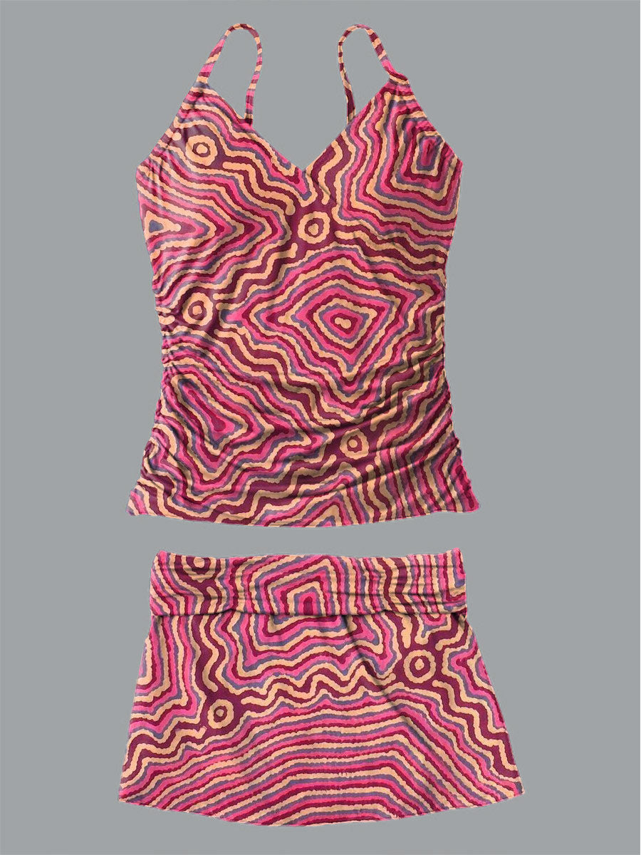 Women's Line Art V-Neck Print Suspender Skirt Tankini Pantskirt Set Swimsuit