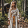 Women's Viking Celtic Tree Of Life Floral Design Linen Maxi Dress elevenforest