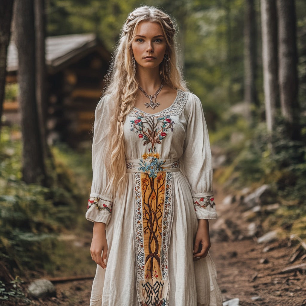 Women's Viking Celtic Tree Of Life Floral Design Linen Maxi Dress elevenforest