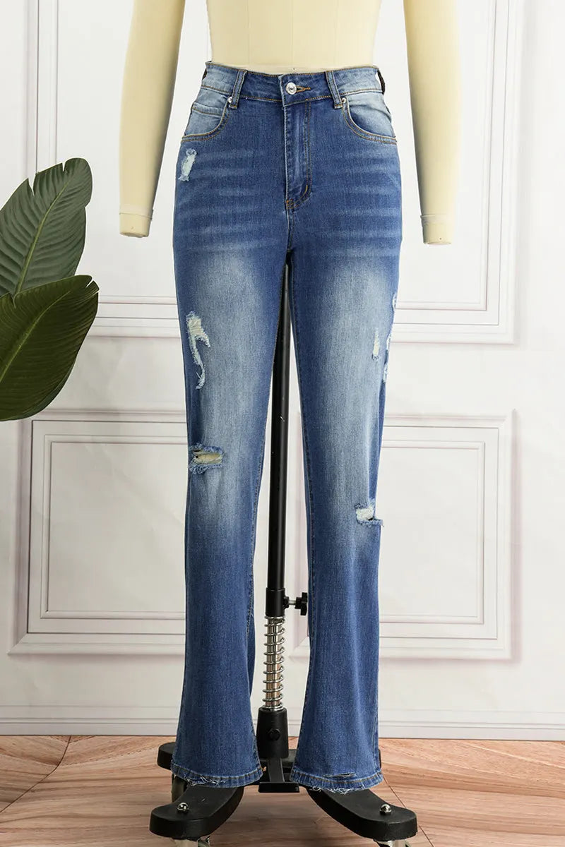 Street Patchwork Ripped Straight Denim Jeans(4 Colors)