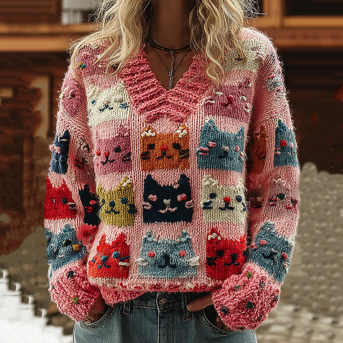 Comstylish Colorful Cats Pattern Art Cozy Knit V Neck Sweater