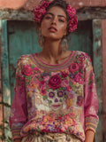 Mexican Sugar Skull Ethnic Floral Embroidered Patchwork Linen Tunic elevenforest
