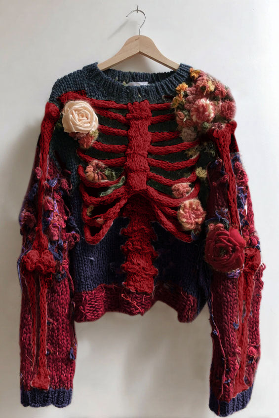 Comstylish Women's Vintage Skeleton And Rose Art Cozy Sweater