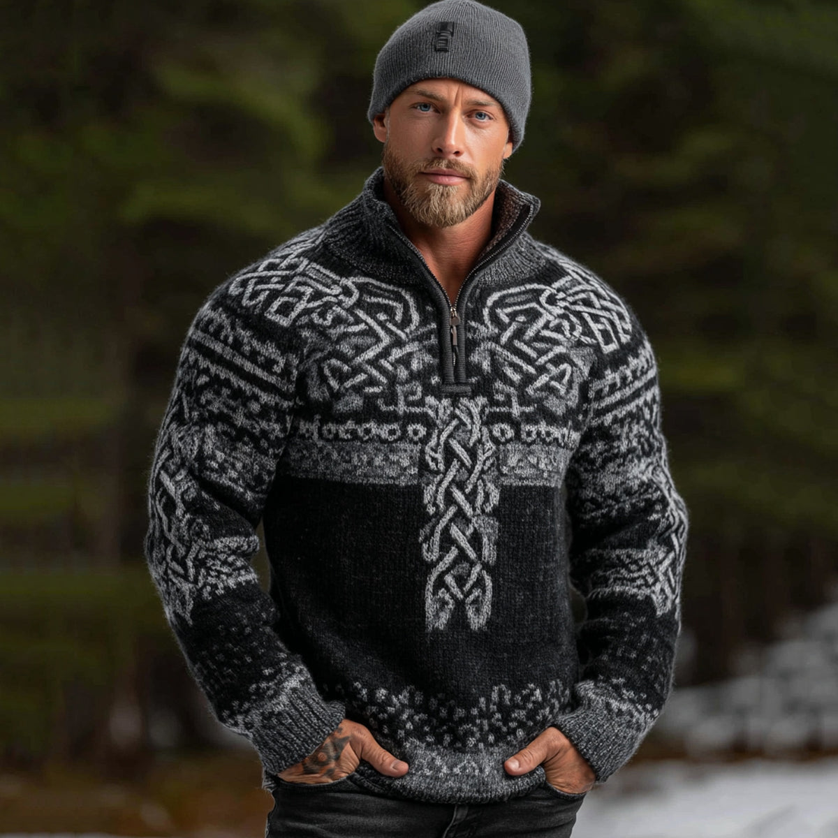 Men's Vintage Viking Celtic Knot Pattern Cozy Knit Half Zipped Sweater elevenforest