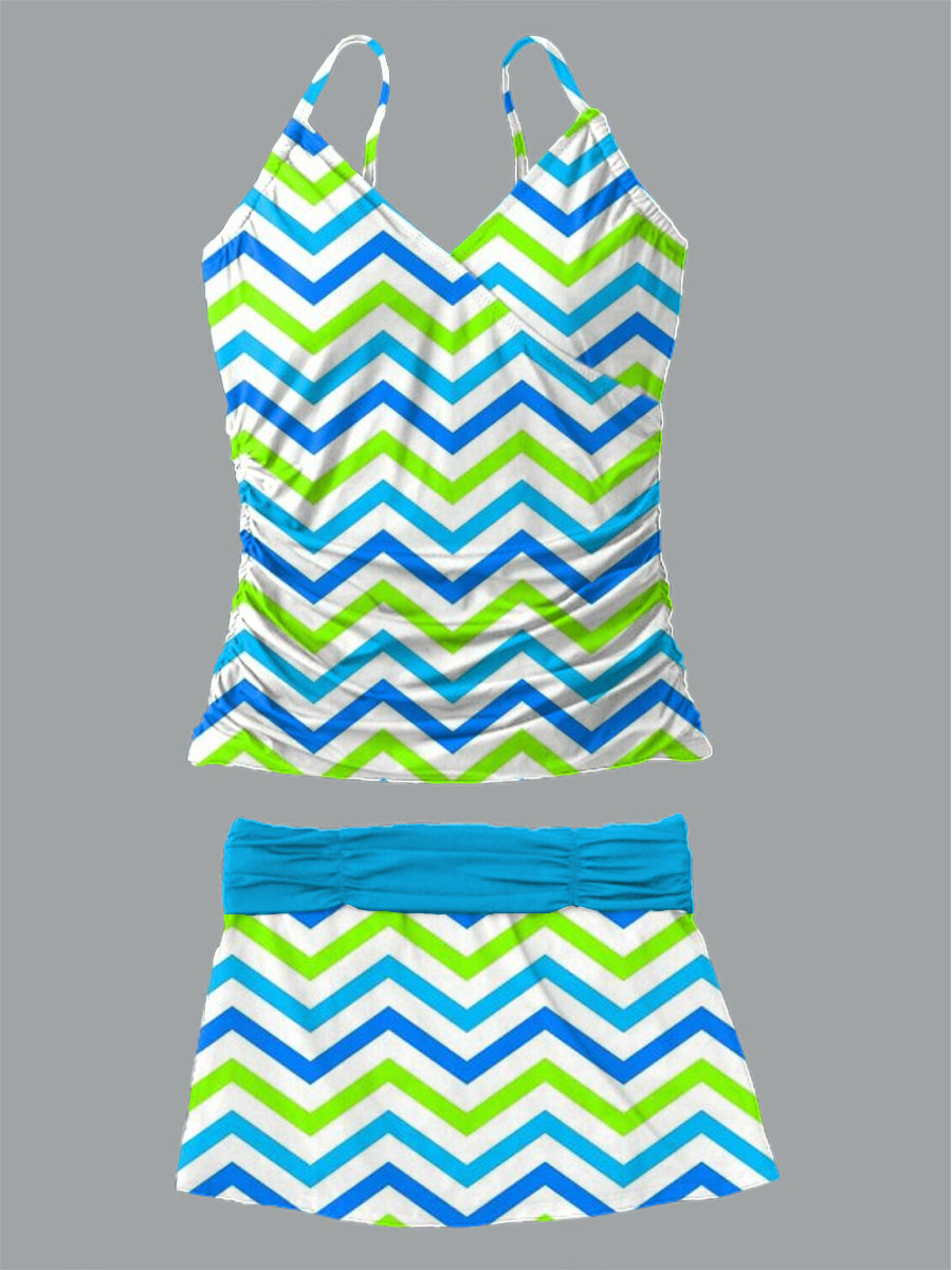 Women's Summer Wave Stripe Printed Casual Suspender Shirred Swimsuit Set