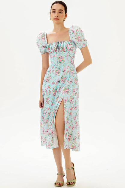 Puff Sleeve Slit Print Midi Dress Green