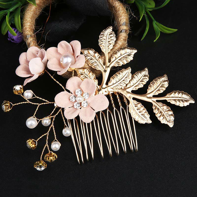 Golden Leaf Flower Pearl Chinese Hairpin Set - 4pcs Comb