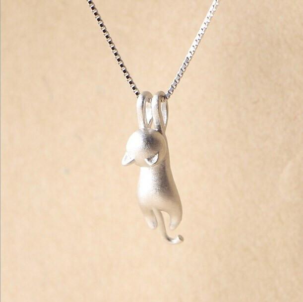 Hanging Cat Silver Necklace