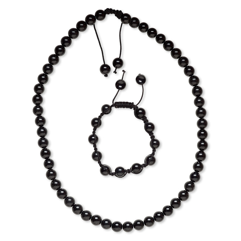 Natural Black Obsidian 10mm Bead Necklace and Bracelet Set, With Black Nylon Macrame Knot Closure, Adjustable