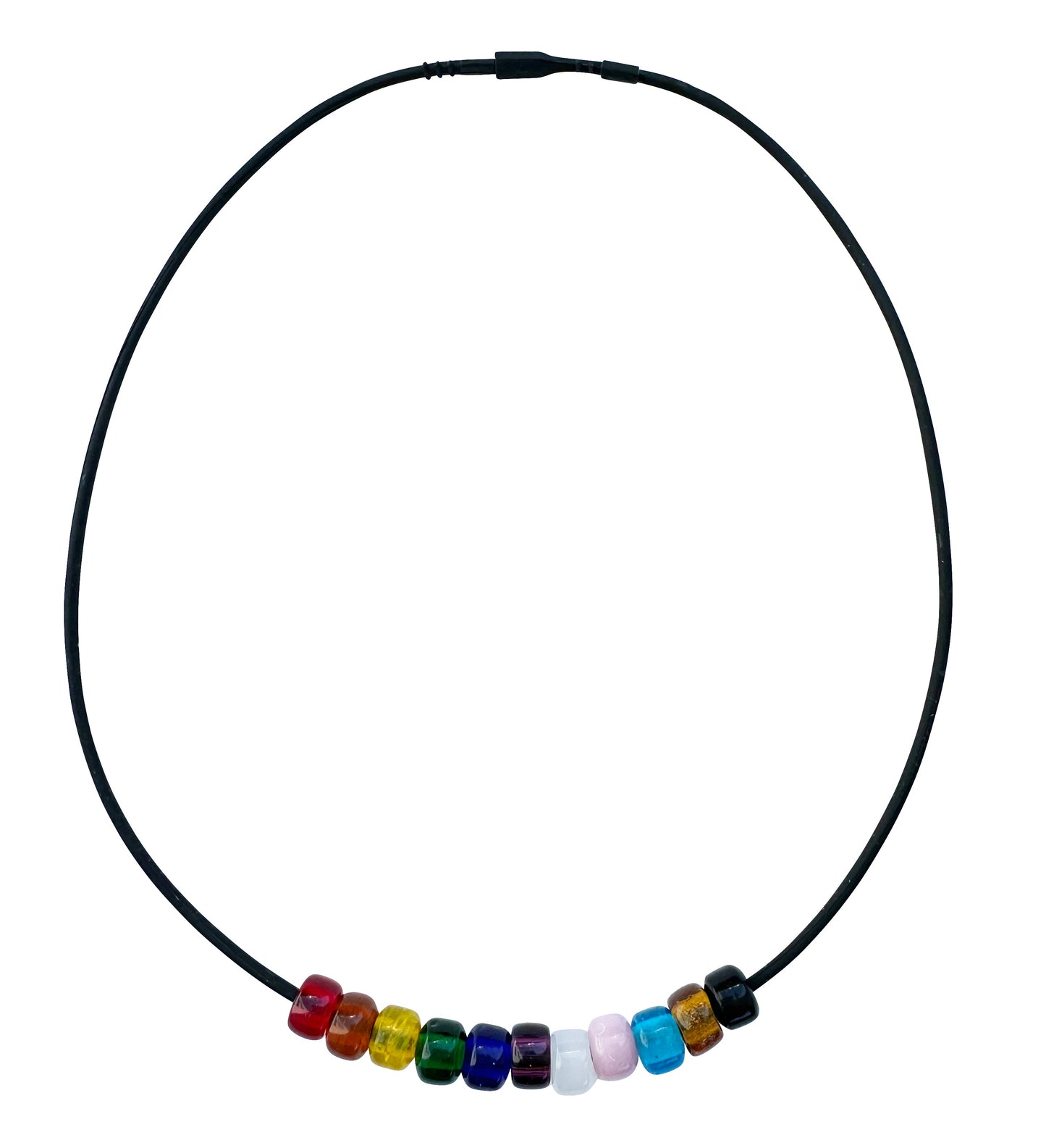 Rainbow Progress Pride Necklace With Czech Glass Beads on Black Rubber Cord, 18 Inches