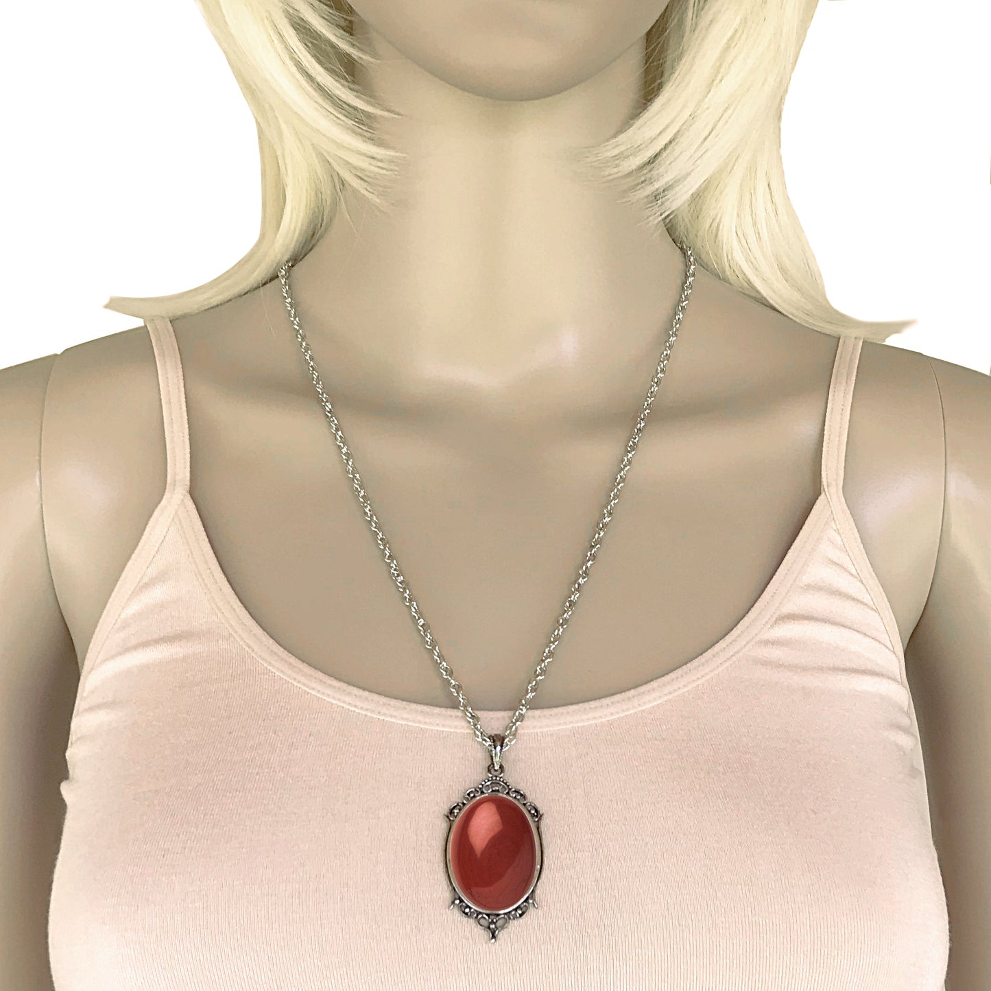 Antique Silver Red Jasper Gemstone Cabochon Pendant on Fancy Rope Chain Necklace, 24"