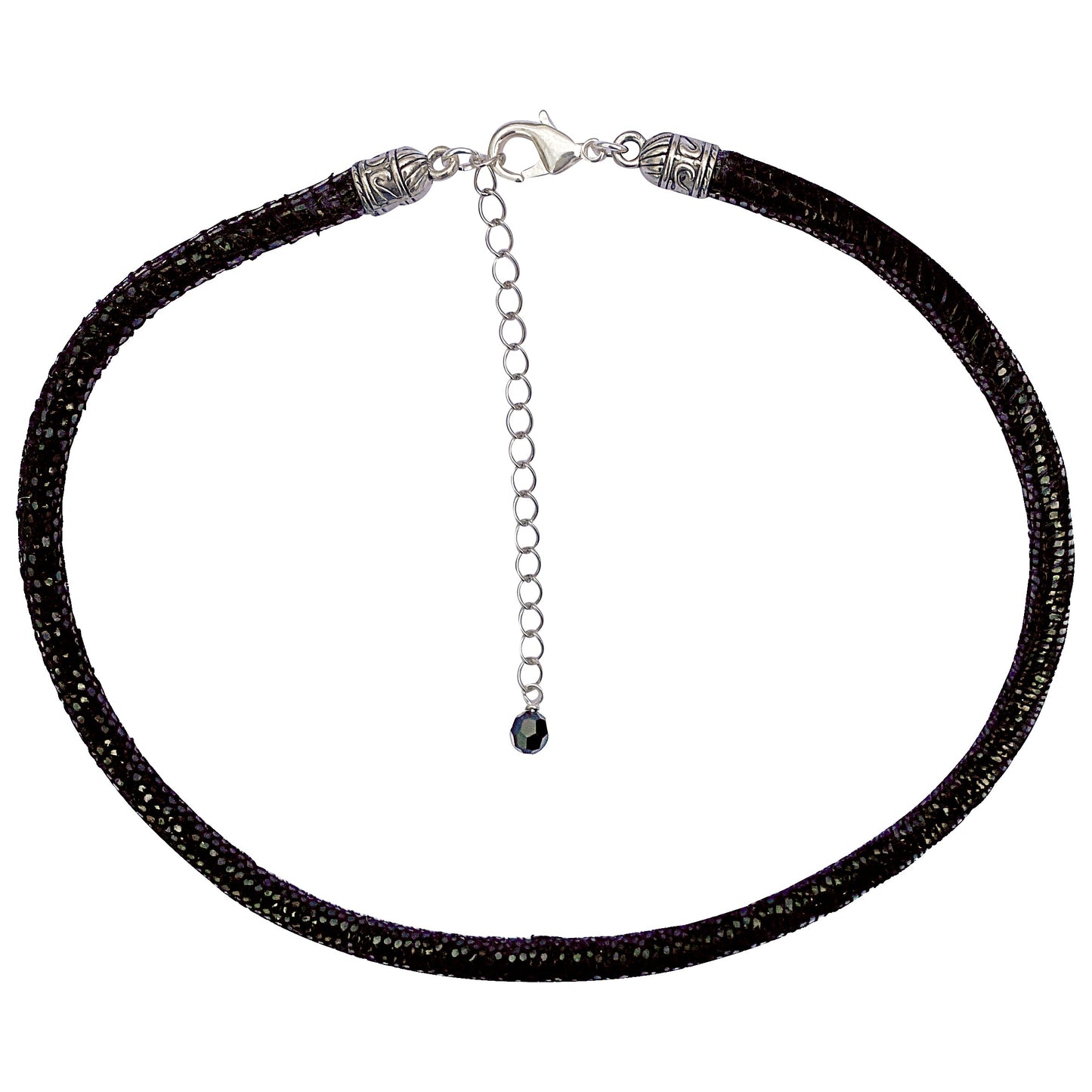 Black Leather Sparkly Snakeskin Choker Necklace With Silver Extender Chain & Swarovski Crystal