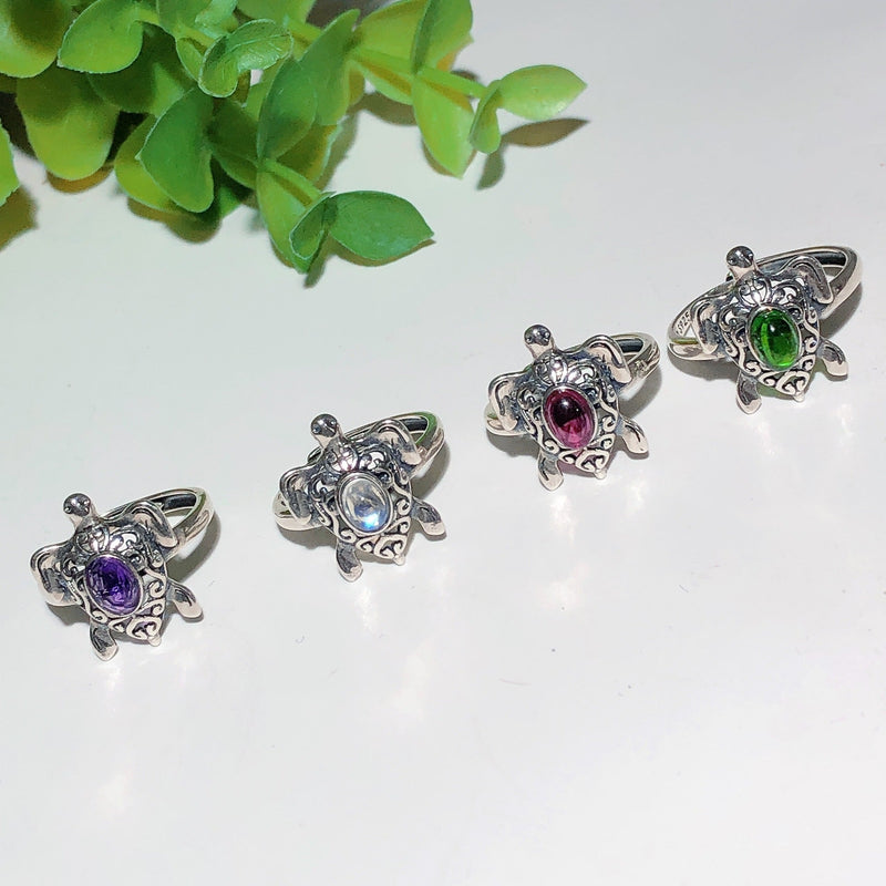 Sterling Silver Turtle Ring With Healing Crystal Stones
