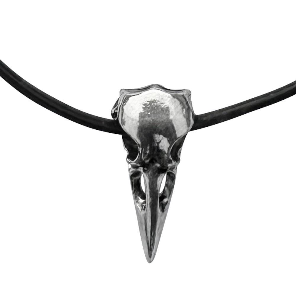 Large Silver Raven Skull on Thick Black Leather Necklace Cord - 22 Inches